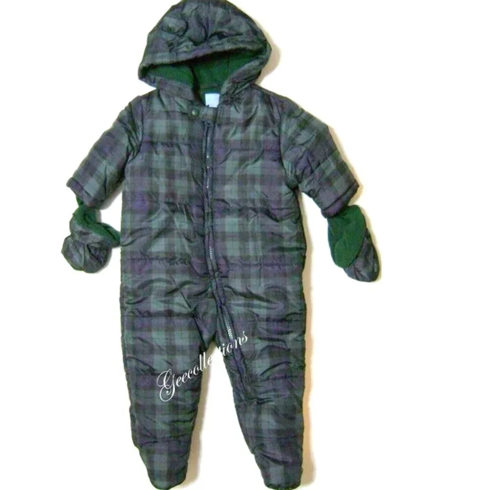 The Children's Place Baby Boys Bear Snowsuit Plaid Fleece lined Mittens … - Picture 1 of 6